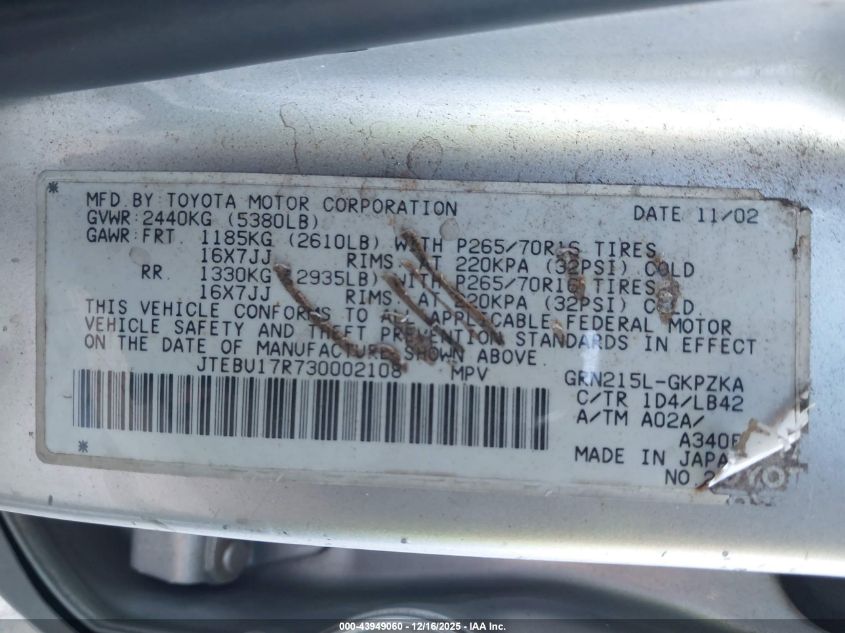 2003 Toyota 4Runner Limited V6 VIN: JTEBU17R730002108 Lot: 43949060