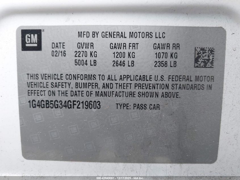2016 Buick Lacrosse Leather VIN: 1G4GB5G34GF219603 Lot: 43949061