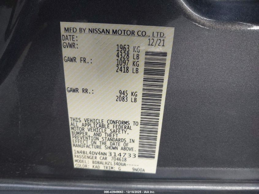 2022 Nissan Altima Sv Fwd VIN: 1N4BL4DV4NN314733 Lot: 43949063