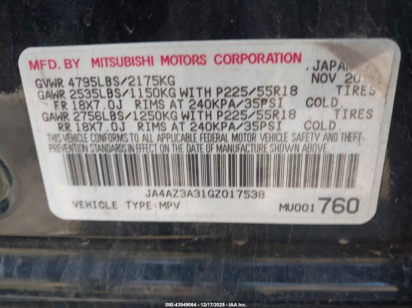 2016 Mitsubishi Outlander Se VIN: JA4AZ3A31GZ017538 Lot: 43949064