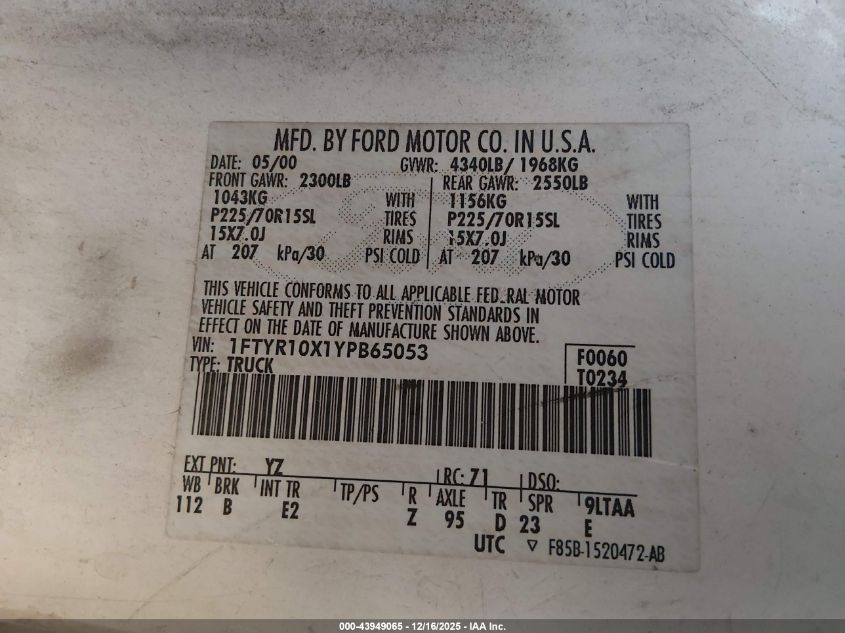 2000 Ford Ranger Xlt VIN: 1FTYR10X1YPB65053 Lot: 43949065