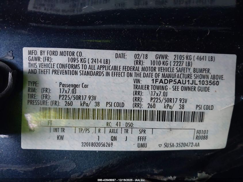 2018 Ford C-Max Hybrid Se VIN: 1FADP5AU1JL103560 Lot: 43949067