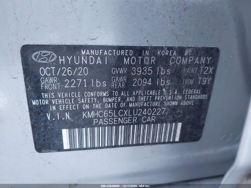 2020 Hyundai Ioniq Hybrid Blue VIN: KMHC65LCXLU240227 Lot: 43949069