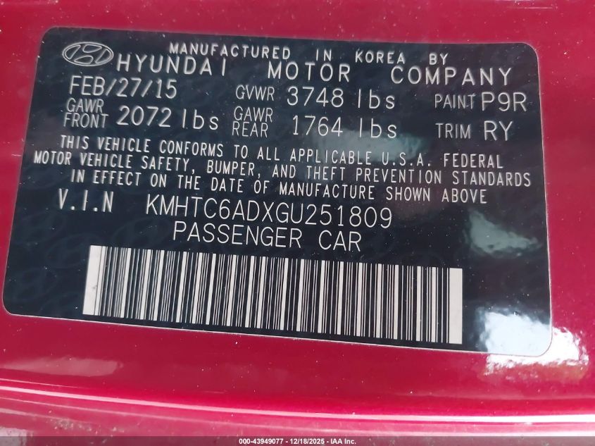 2016 Hyundai Veloster VIN: KMHTC6ADXGU251809 Lot: 43949077