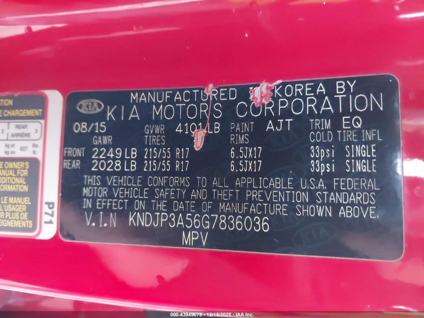 2016 Kia Soul + VIN: KNDJP3A56G7836036 Lot: 43949078