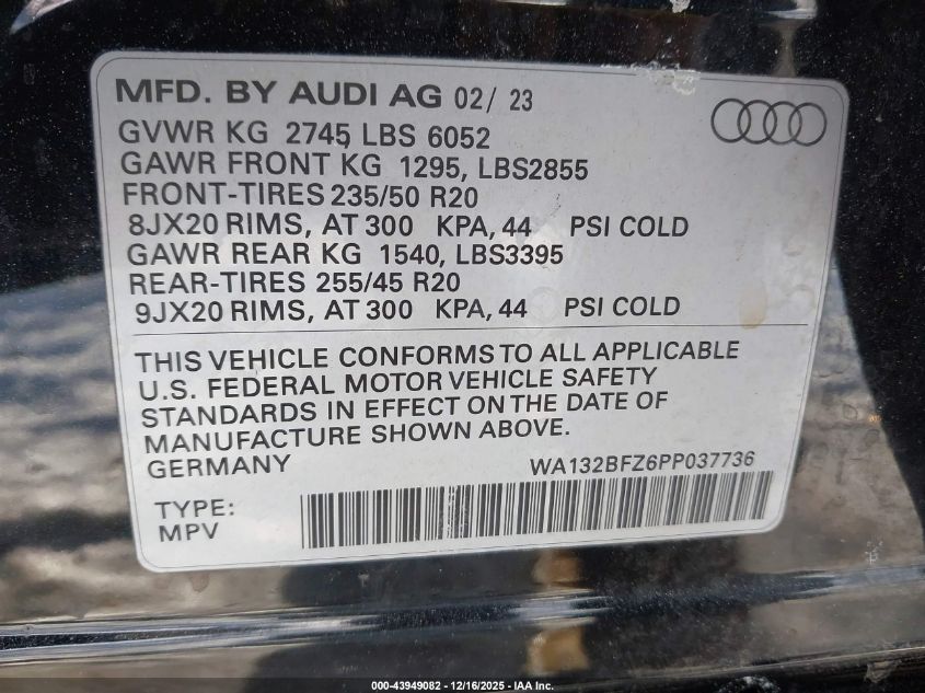 2023 Audi Q4 Sportback E-Tron Premium Plus 50 Quattro VIN: WA132BFZ6PP037736 Lot: 43949082