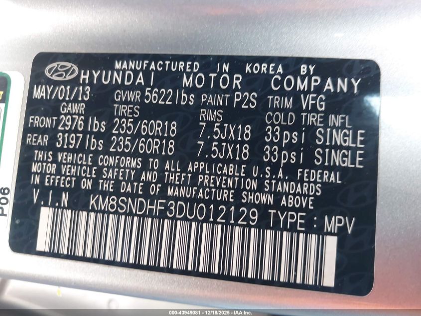 2013 Hyundai Santa Fe Gls VIN: KM8SNDHF3DU012129 Lot: 43949081