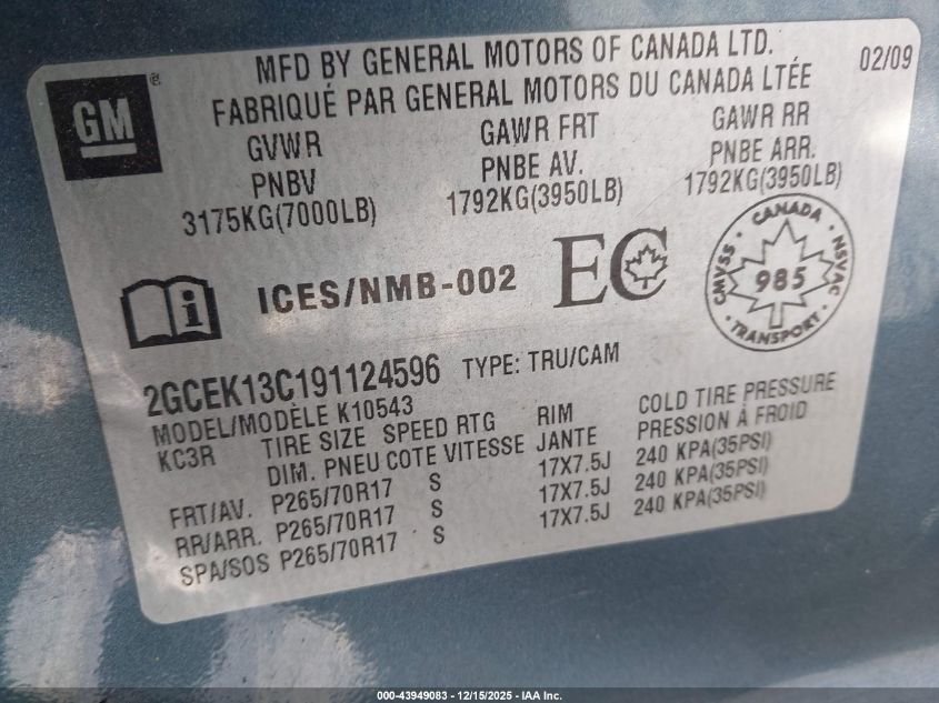 2009 Chevrolet Silverado 1500 Ls/Work Truck VIN: 2GCEK13C191124596 Lot: 43949083