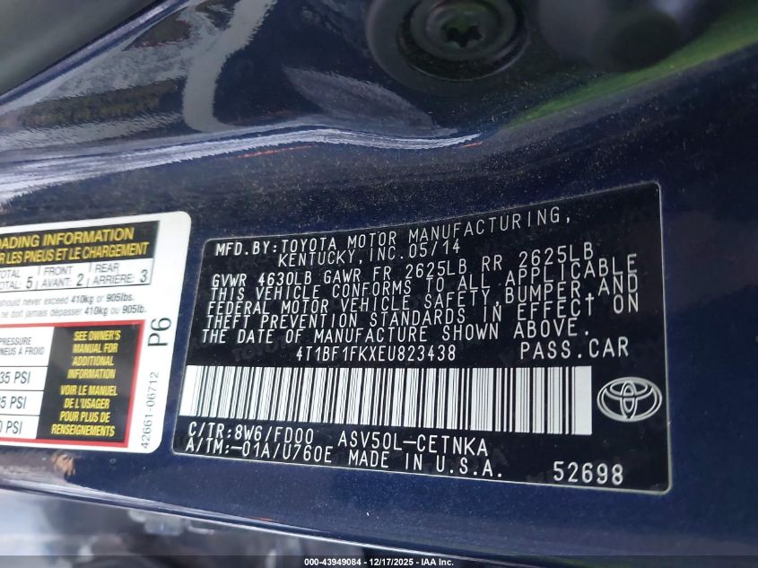 2014 Toyota Camry Le VIN: 4T1BF1FKXEU823438 Lot: 43949084