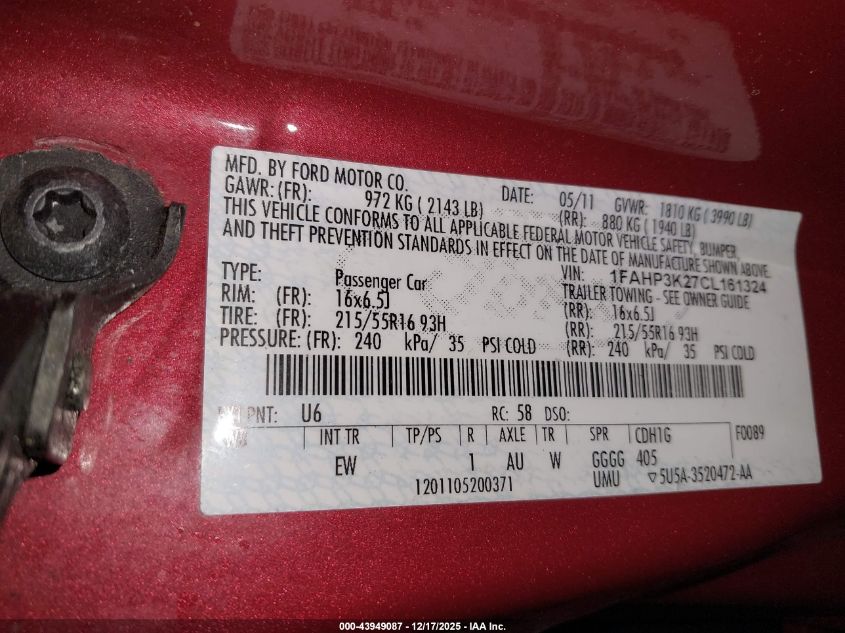 2012 Ford Focus Se VIN: 1FAHP3K27CL161324 Lot: 43949087