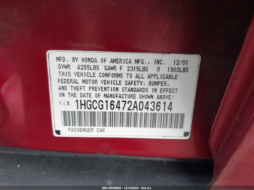 2002 Honda Accord 3.0 Lx VIN: 1HGCG16472A043614 Lot: 43949089