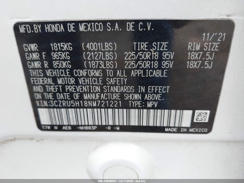 2022 Honda Hr-V 2Wd Sport VIN: 3CZRU5H18NM721221 Lot: 43949091