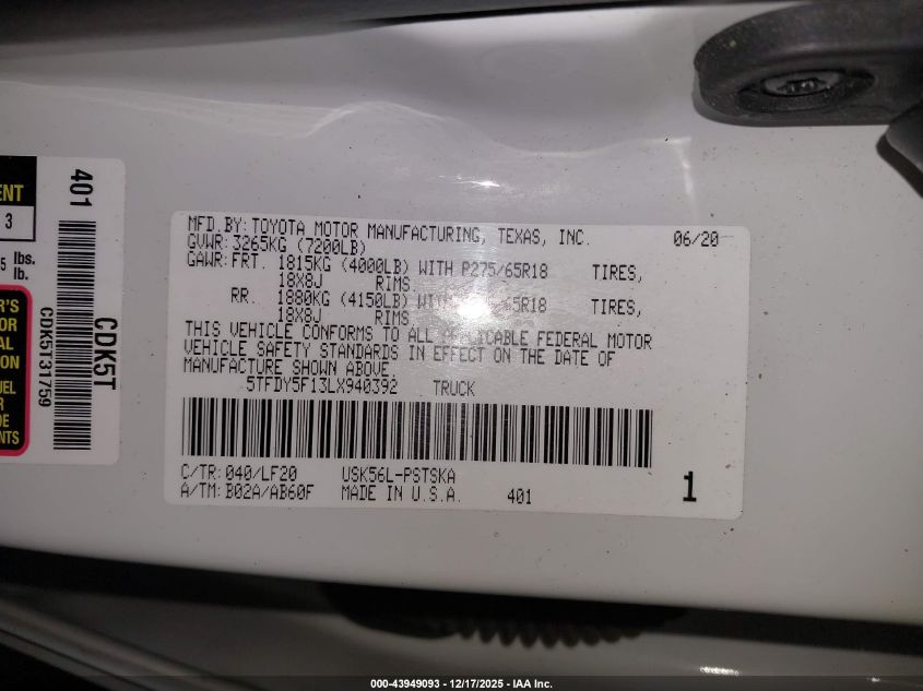 2020 Toyota Tundra Trd Pro VIN: 5TFDY5F13LX940392 Lot: 43949093