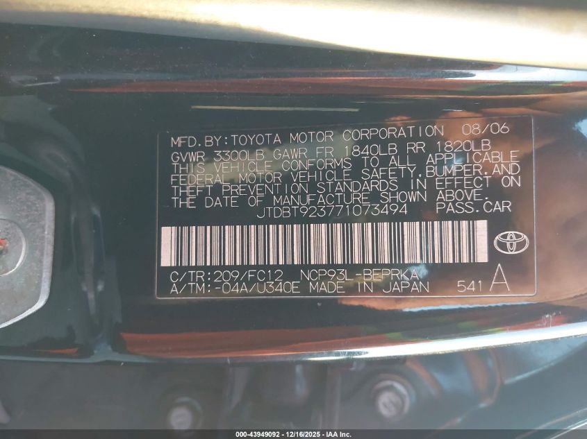 2007 Toyota Yaris VIN: JTDBT923771073494 Lot: 43949092