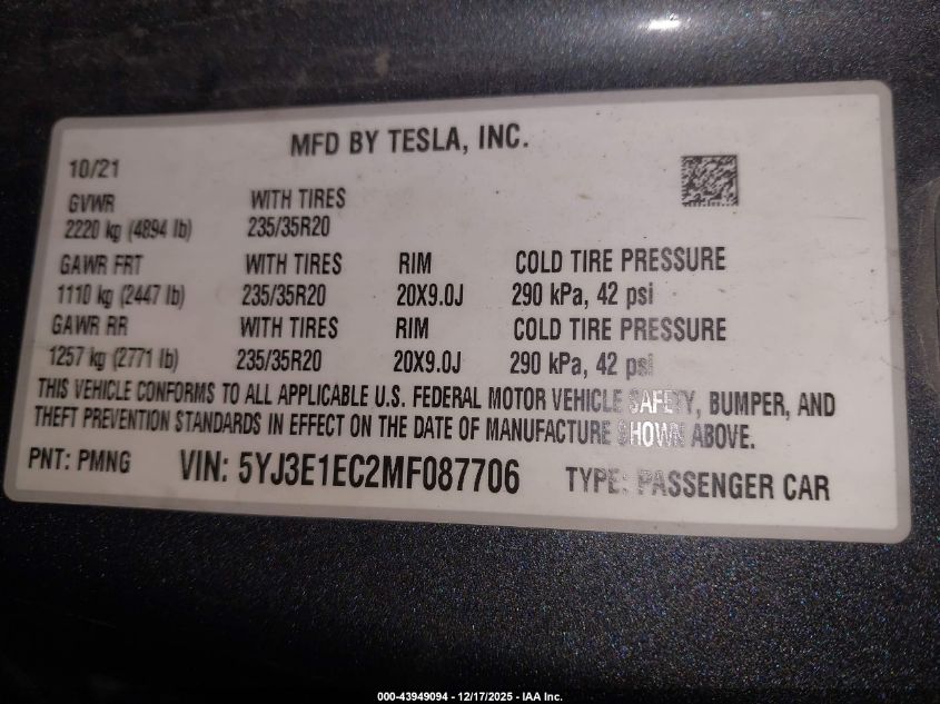 2021 Tesla Model 3 Performance Dual Motor All-Wheel Drive VIN: 5YJ3E1EC2MF087706 Lot: 43949094