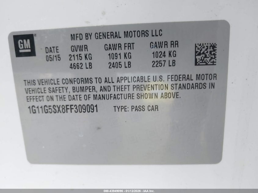 2015 Chevrolet Malibu 2Lz VIN: 1G11G5SX8FF309091 Lot: 43949096