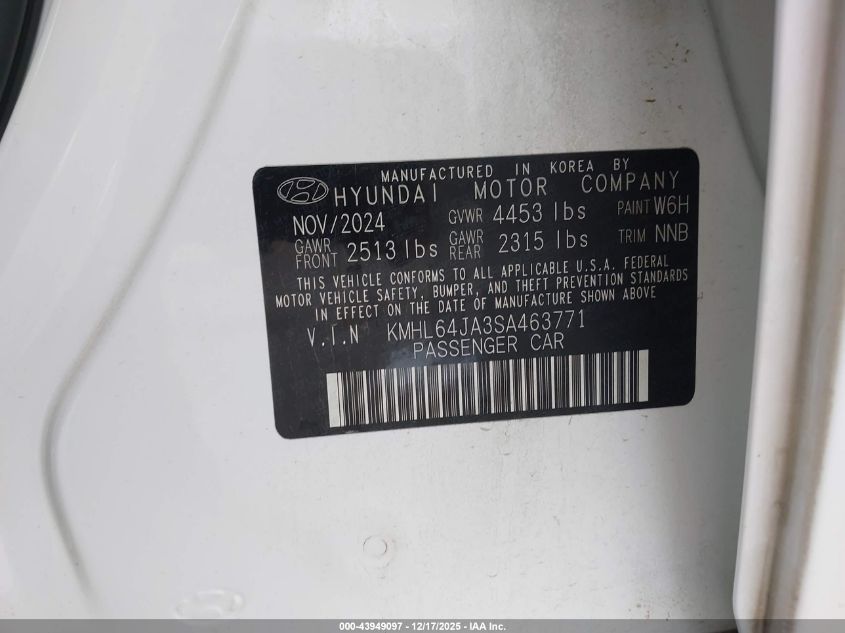 2025 Hyundai Sonata Sel VIN: KMHL64JA3SA463771 Lot: 43949097