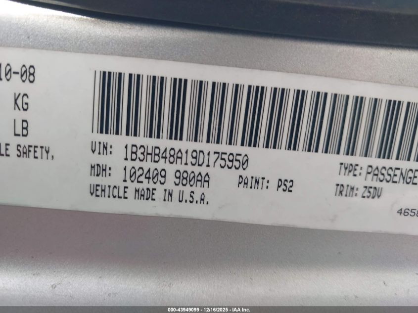 2009 Dodge Caliber Sxt VIN: 1B3HB48A19D175950 Lot: 43949099