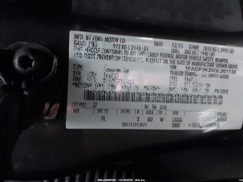 2016 Ford Focus Se VIN: 1FADP3K20GL261138 Lot: 43949100