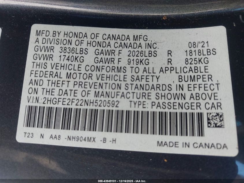 2022 Honda Civic Lx VIN: 2HGFE2F22NH520592 Lot: 43949101
