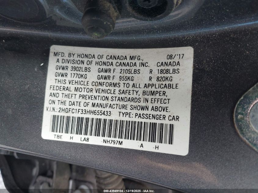 2017 Honda Civic Ex-T VIN: 2HGFC1F33HH655433 Lot: 43949104