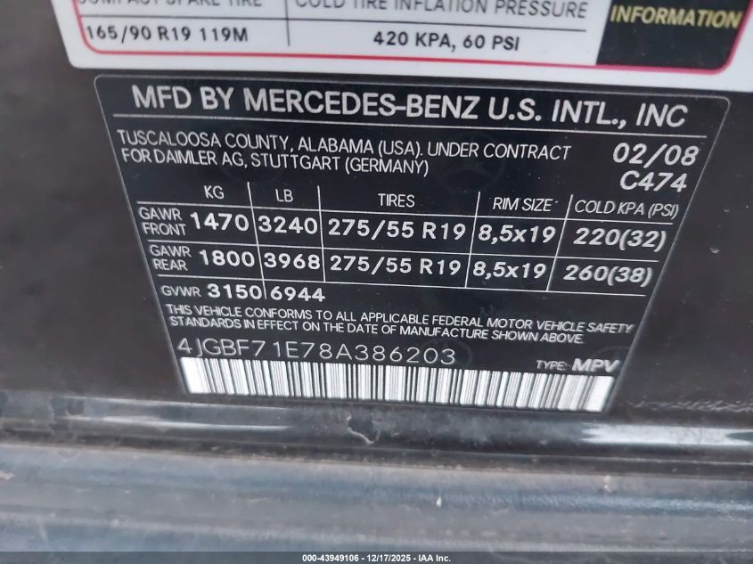 2008 Mercedes-Benz Gl 450 4Matic VIN: 4JGBF71E78A386203 Lot: 43949106