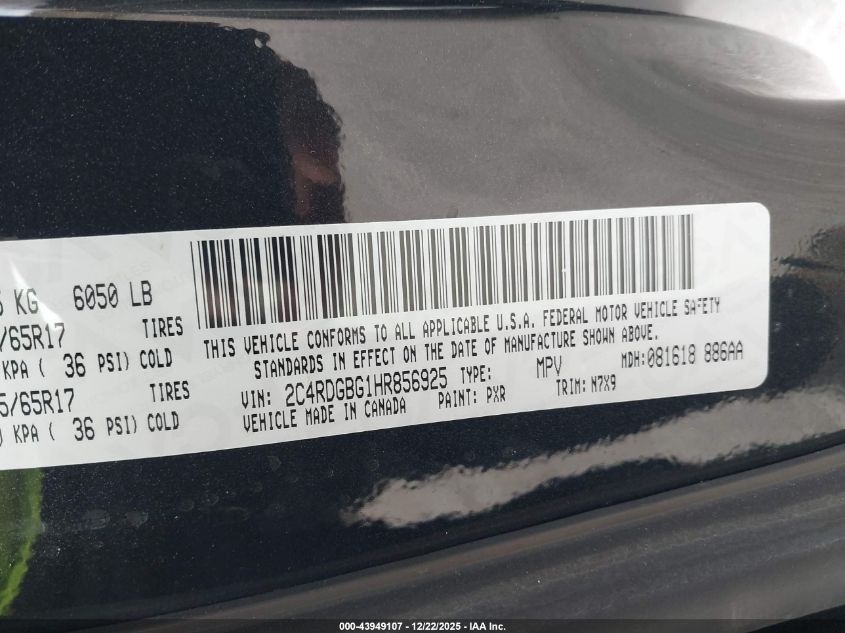 2017 Dodge Grand Caravan Se Plus VIN: 2C4RDGBG1HR856925 Lot: 43949107