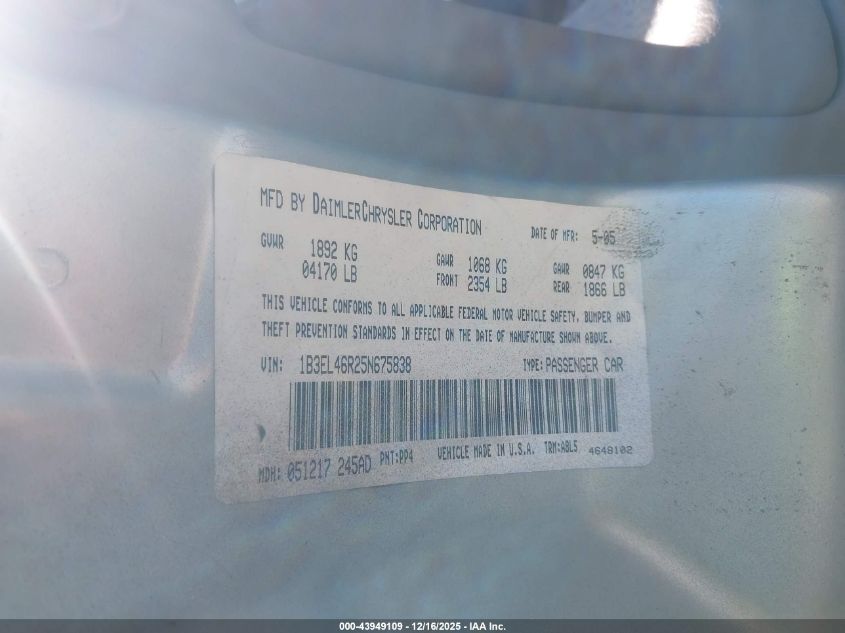 2005 Dodge Stratus Sxt VIN: 1B3EL46R25N675838 Lot: 43949109