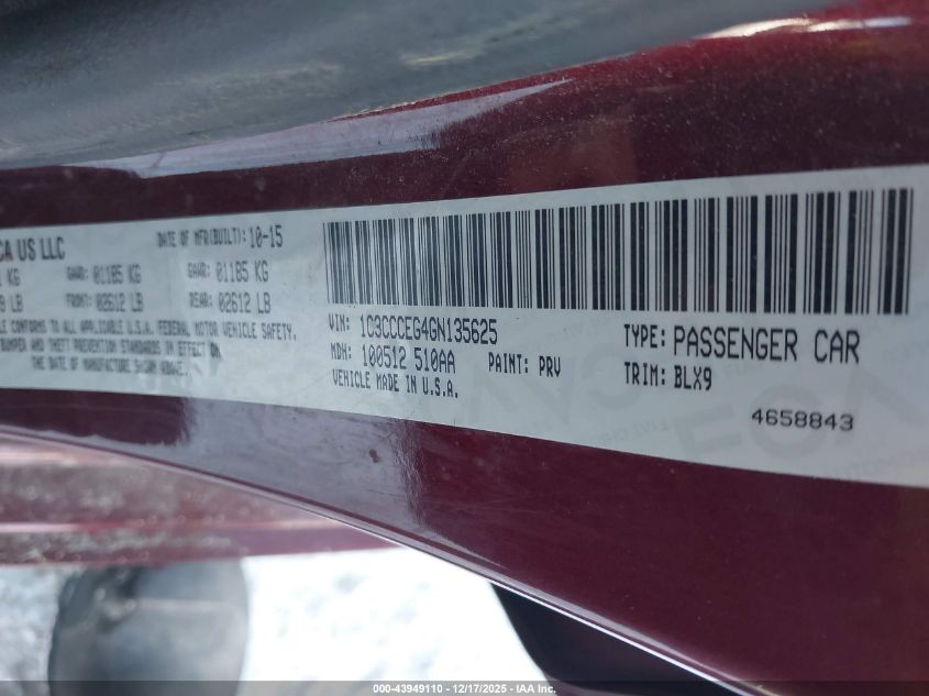 2016 Chrysler 200 C VIN: 1C3CCCEG4GN135625 Lot: 43949110