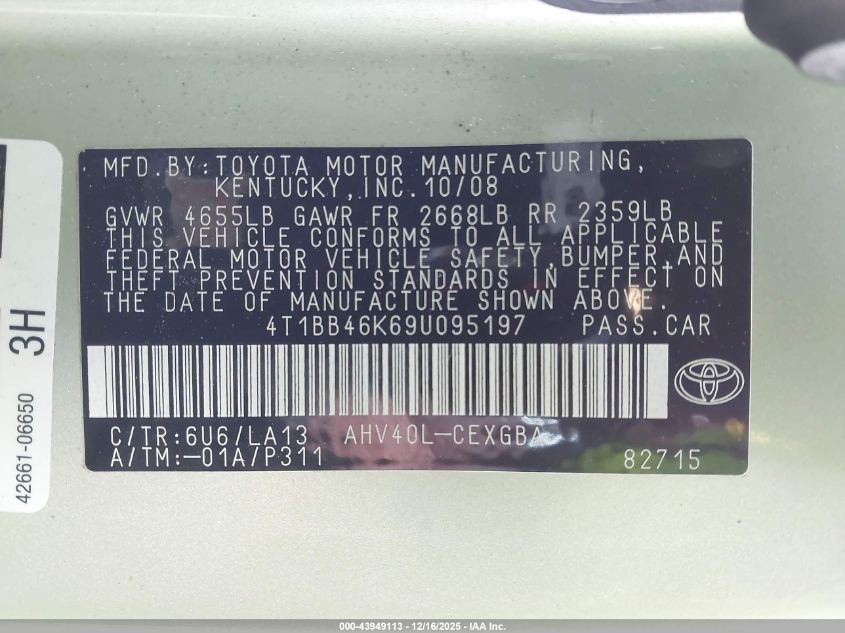 2009 Toyota Camry Hybrid VIN: 4T1BB46K69U095197 Lot: 43949113