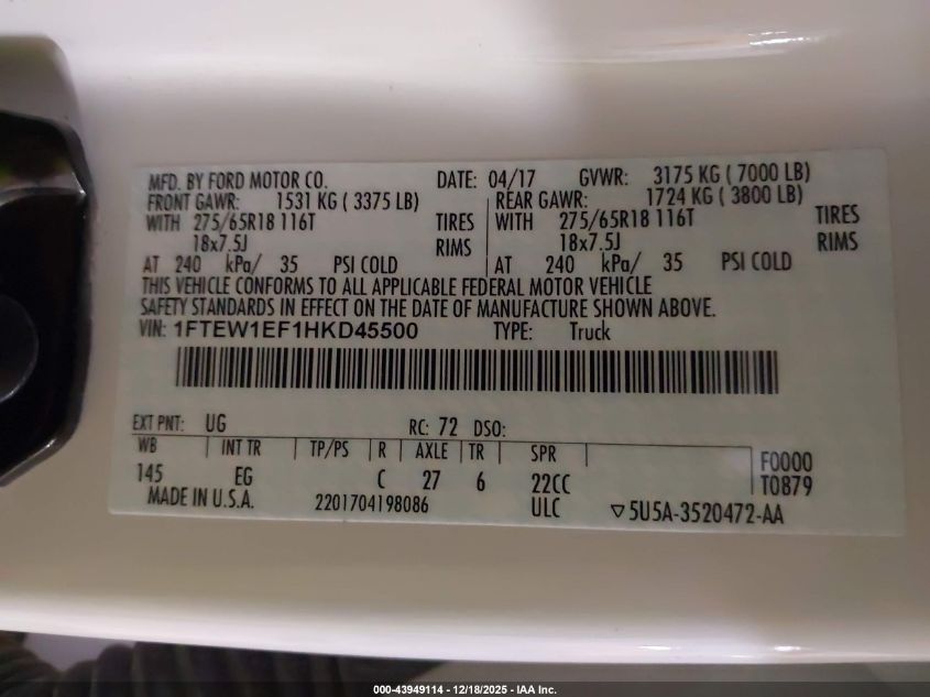 2017 Ford F-150 Lariat VIN: 1FTEW1EF1HKD45500 Lot: 43949114