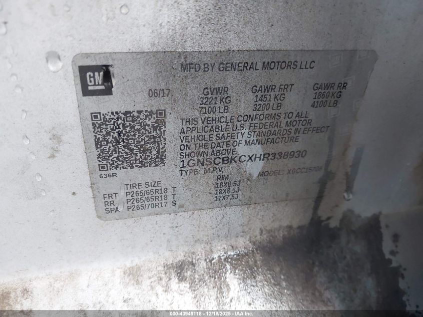 2017 Chevrolet Tahoe Lt VIN: 1GNSCBKCXHR338930 Lot: 43949118