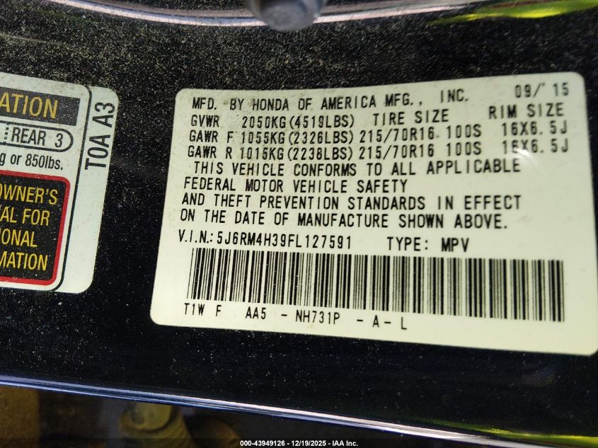 2015 Honda Cr-V Lx VIN: 5J6RM4H39FL127591 Lot: 43949126