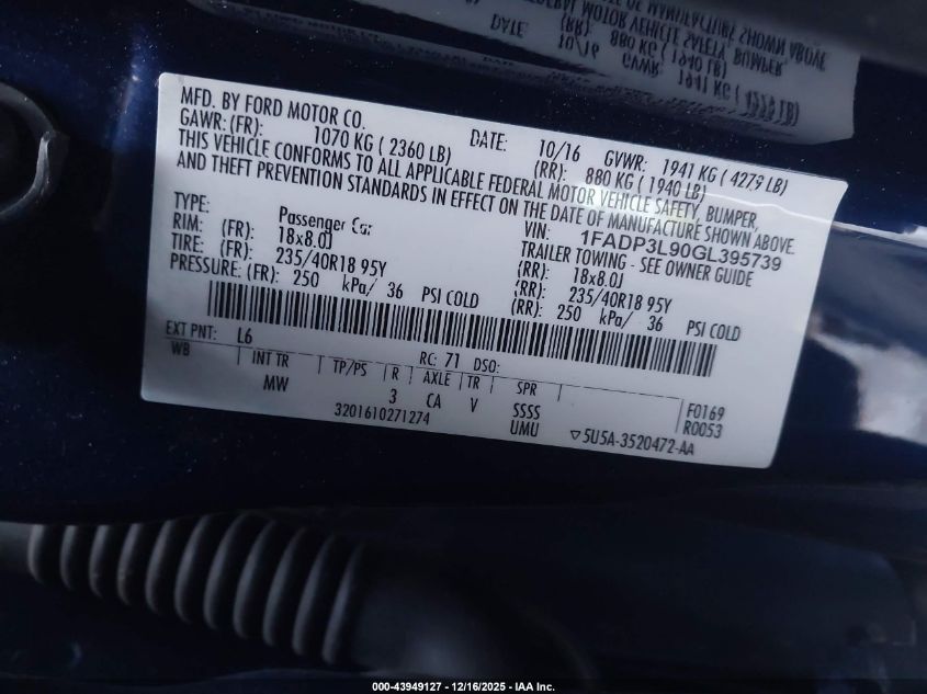 2016 Ford Focus St VIN: 1FADP3L90GL395739 Lot: 43949127