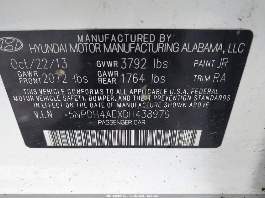 2013 Hyundai Elantra Gls VIN: 5NPDH4AEXDH438979 Lot: 43949130