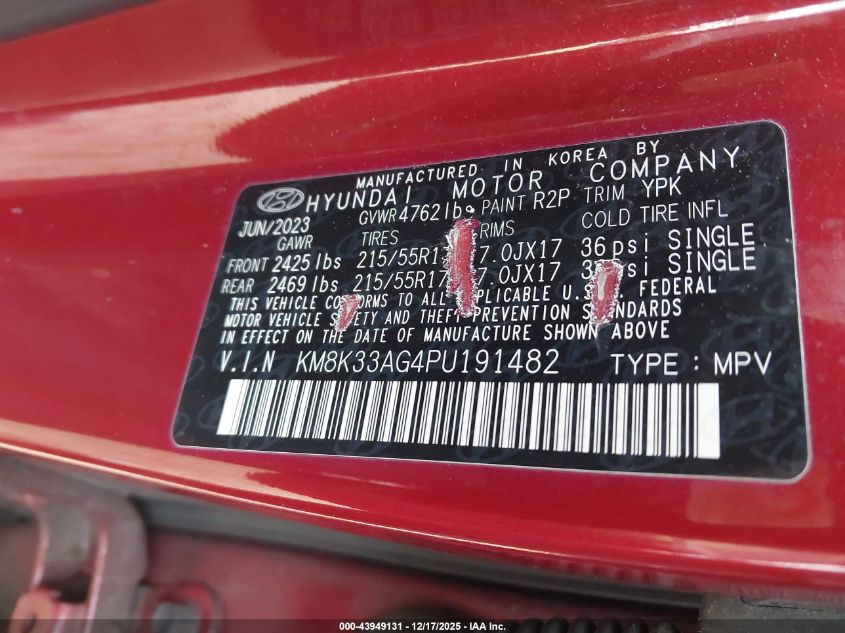 2023 Hyundai Kona Electric Sel VIN: KM8K33AG4PU191482 Lot: 43949131