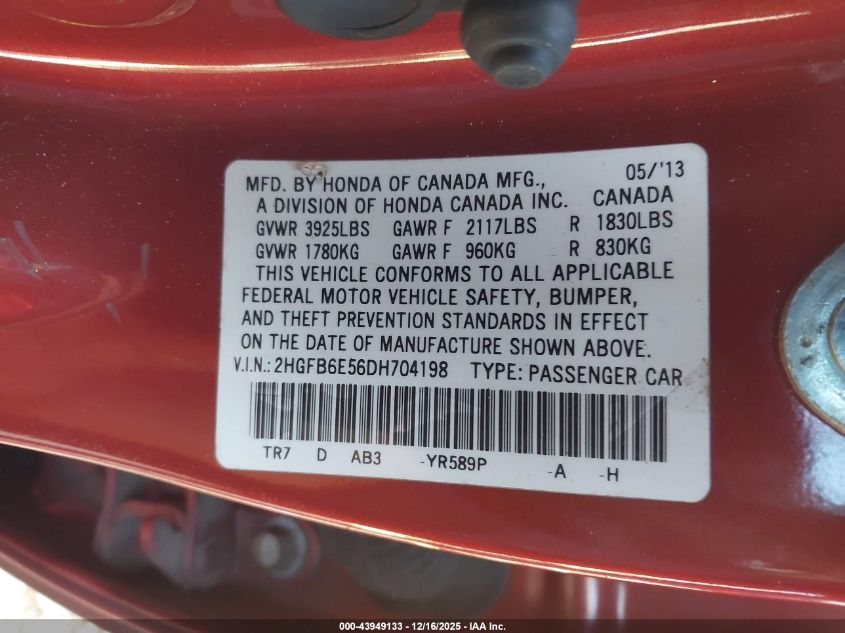 2013 Honda Civic Si VIN: 2HGFB6E56DH704198 Lot: 43949133