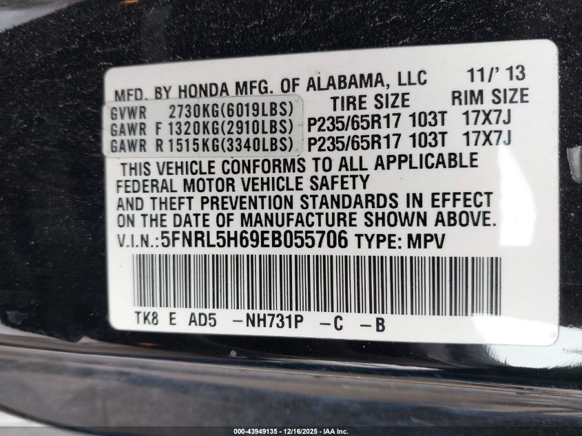 2014 Honda Odyssey Ex-L VIN: 5FNRL5H69EB055706 Lot: 43949135