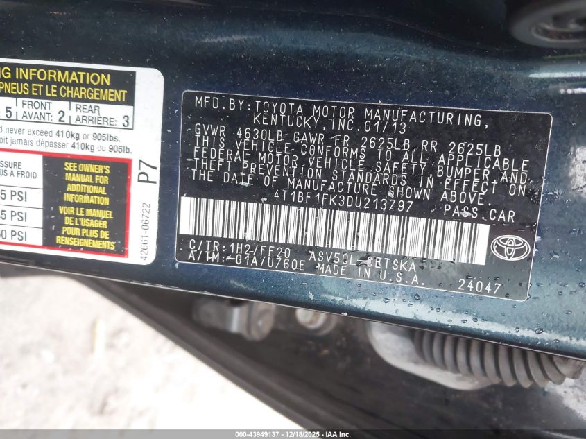 2013 Toyota Camry Se VIN: 4T1BF1FK3DU213797 Lot: 43949137