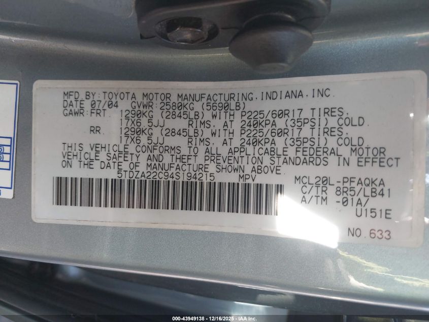 2004 Toyota Sienna Xle Limited VIN: 5TDZA22C94S194215 Lot: 43949138