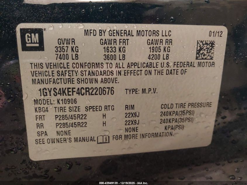 2012 Cadillac Escalade Esv Platinum Edition VIN: 1GYS4KEF4CR220676 Lot: 43949139