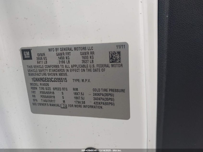 2012 Chevrolet Traverse 1Lt VIN: 1GNKRGED3CJ205515 Lot: 43949140