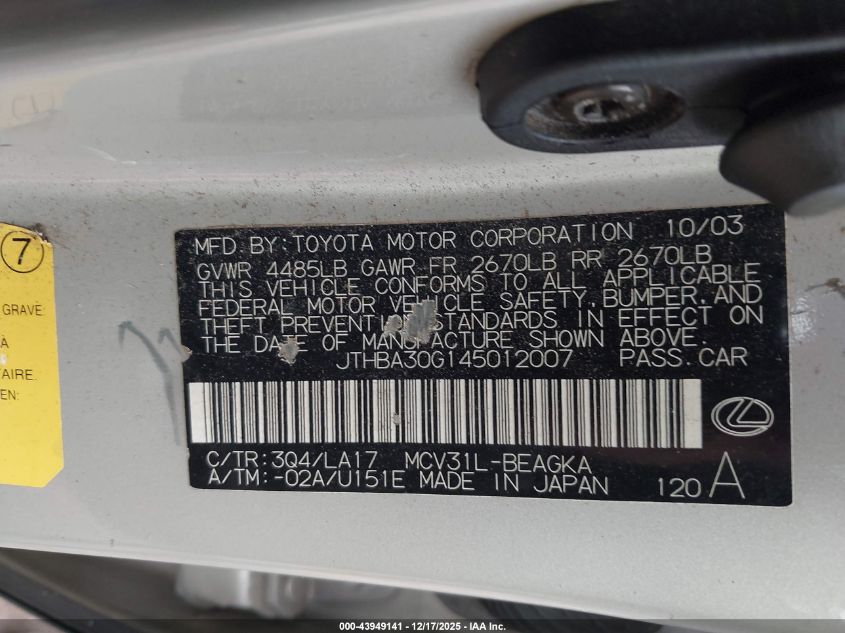 2004 Lexus Es 330 VIN: JTHBA30G145012007 Lot: 43949141