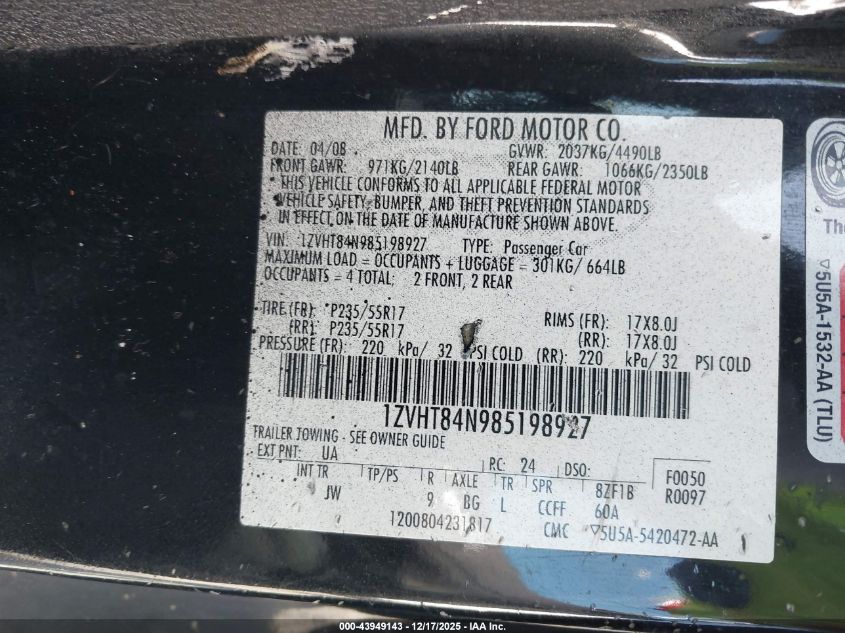2008 Ford Mustang V6 Deluxe/V6 Premium VIN: 1ZVHT84N985198927 Lot: 43949143