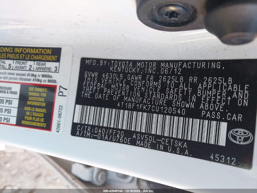 2012 Toyota Camry Se VIN: 4T1BF1FK7CU120540 Lot: 43949144