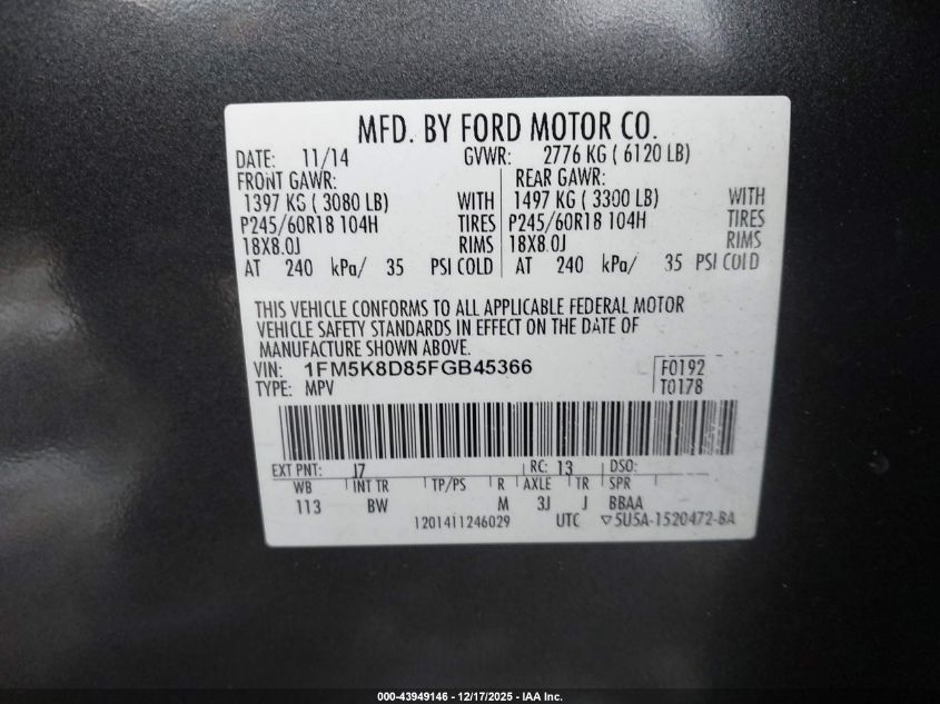 2015 Ford Explorer Xlt VIN: 1FM5K8D85FGB45366 Lot: 43949146