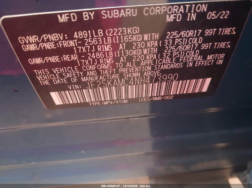 2022 Subaru Forester Wilderness VIN: JF2SKAMC4NH473990 Lot: 43949147