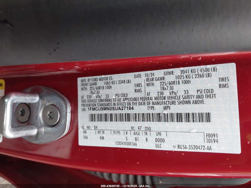 2025 Ford Escape St-Line VIN: 1FMCU9MN0SUA27184 Lot: 43949150