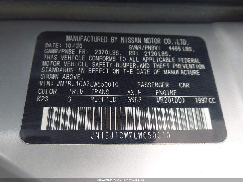 2020 Nissan Rogue Sport S Awd Xtronic Cvt VIN: JN1BJ1CW7LW650010 Lot: 43949151