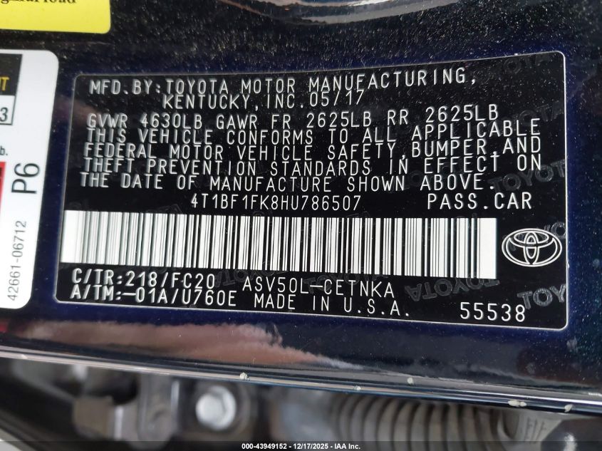 2017 Toyota Camry Le VIN: 4T1BF1FK8HU786507 Lot: 43949152